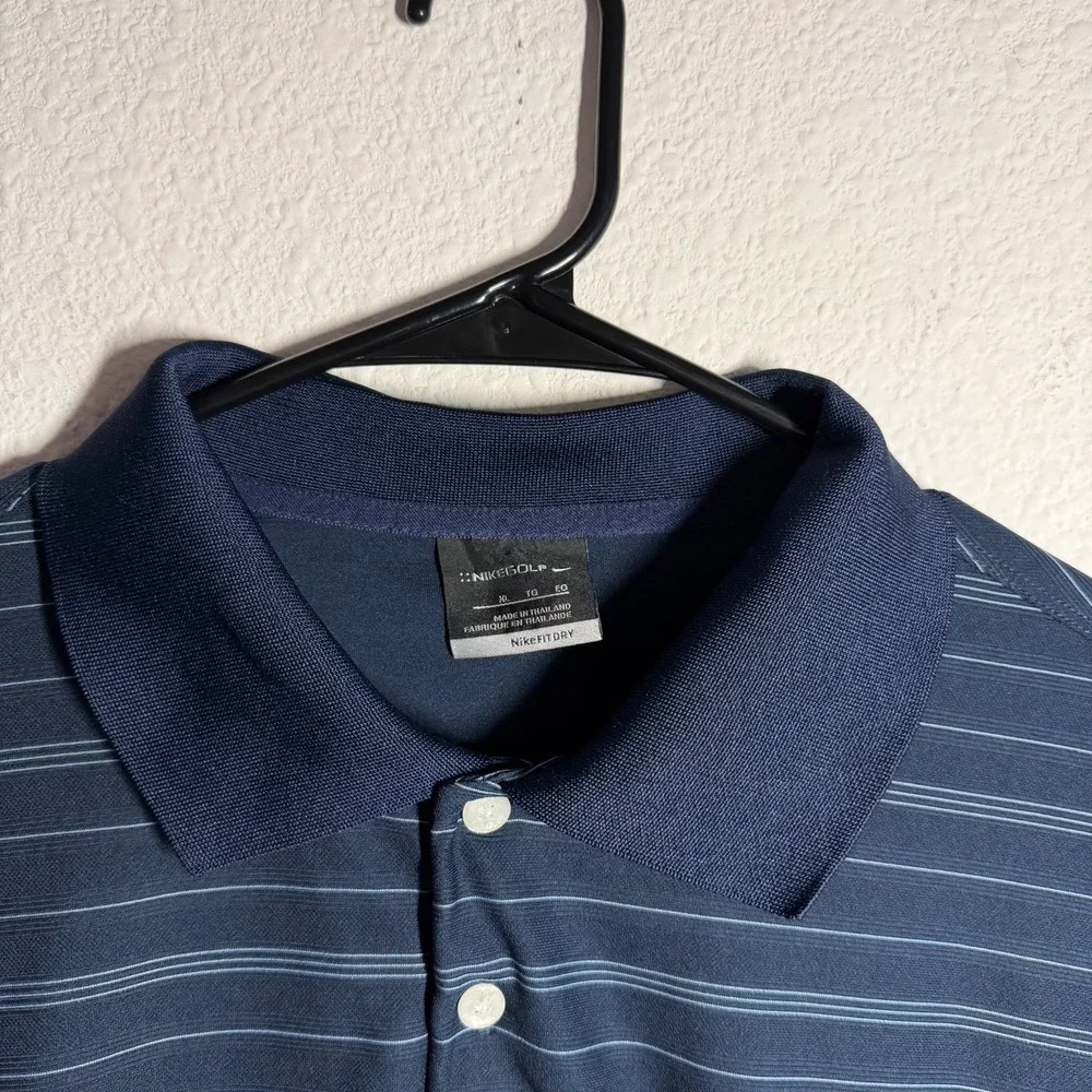 Nike Fit Dry Golf Polo Shirt Mens XL Navy‎ Blue Striped Logo Performance Tennis